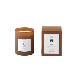 A tall, round, natural wax candle with a Sequoia scent. The candle is presented in a brown glass container and packaged in a brown box.
