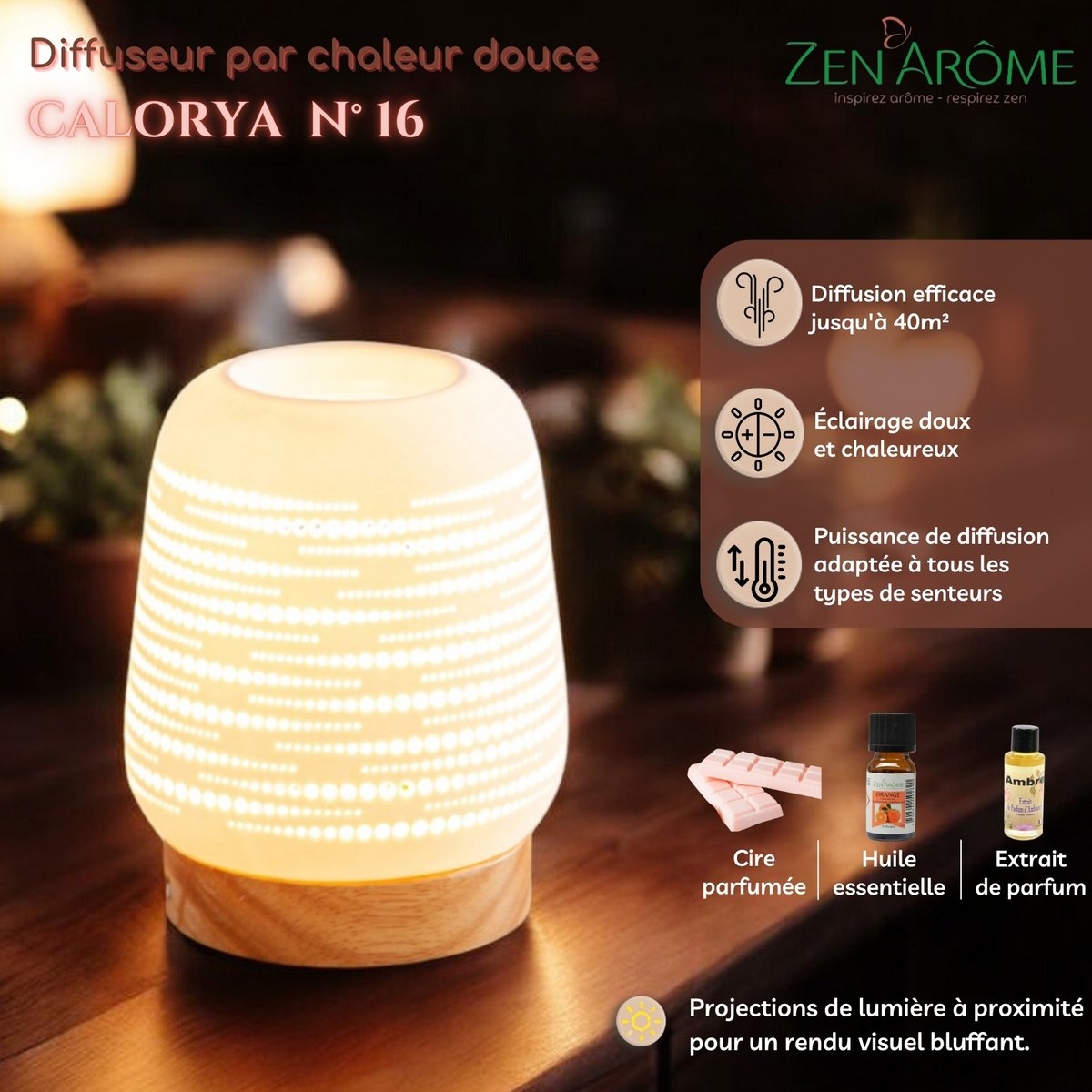 Calorya Quemador de Cera Perfumada n°16 - Quemador de Perfume Eléctrico para Fondant Perfumado - Elegante Lámpara de Perfume - Cerámica con Decoración Calada e Iluminación Ambiental