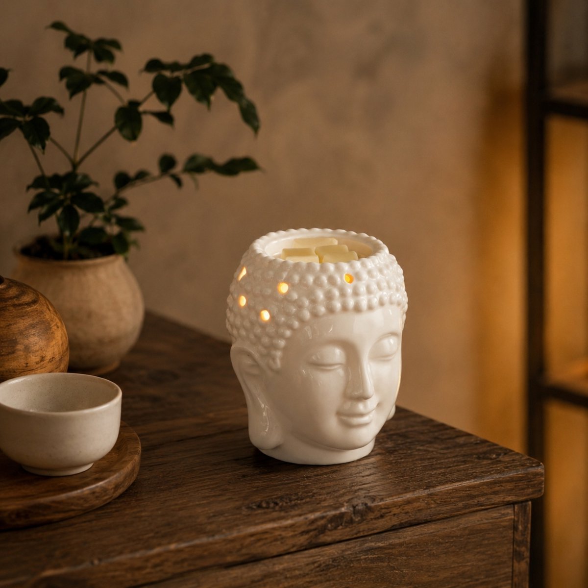 Bruciatore di profumo in ceramica Buddha Dhyana bianco - Atmosfera profumata - Oggetto di artigianato Zen - Aromaterapia facile - Bruciatore per fondente profumato - Decorazione FengShui - Testa di Buddha