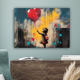 Canvas schilderij  - Wanddecoratie Meisje - Ballon - Hart - Graffiti - Muurdecoratie woonkamer - Slaapkamer decoratie - Kamer accessoires - Schilderijen op canvas