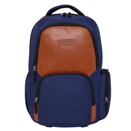 A navy blue and tan backpack with multiple compartments and pockets, suitable for everyday use or travel.
