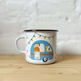 Enamel camping mug with retro camper design and string lights