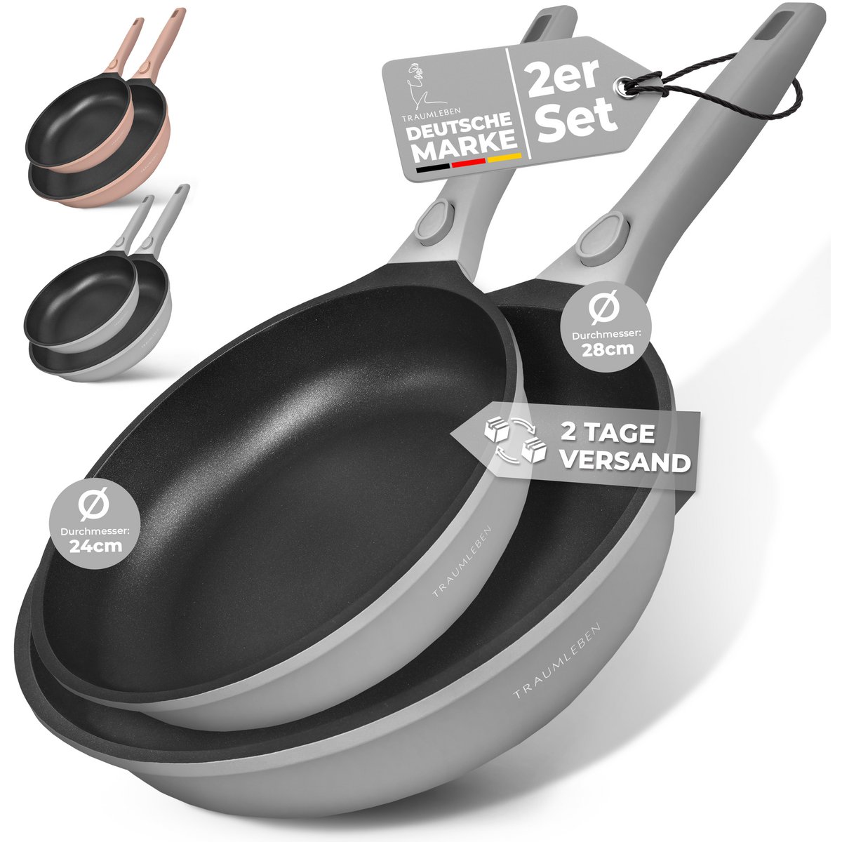 Pfannet Set 24/28 cm de recubrimiento no de palanca, manijas extraíbles, inducción, resistente al horno (gris)
