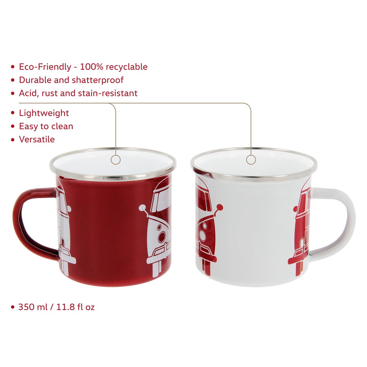Volkswagen VW T1 Bus Enamel Mug 2-pc Set 350ml in Gift Box - Front/White & Red