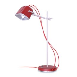A modern, red table lamp with an adjustable arm and a white shade. The lamp has a sleek, minimalist design and is suitable for use in a variety of settings, such as a living room, bedroom, or office.