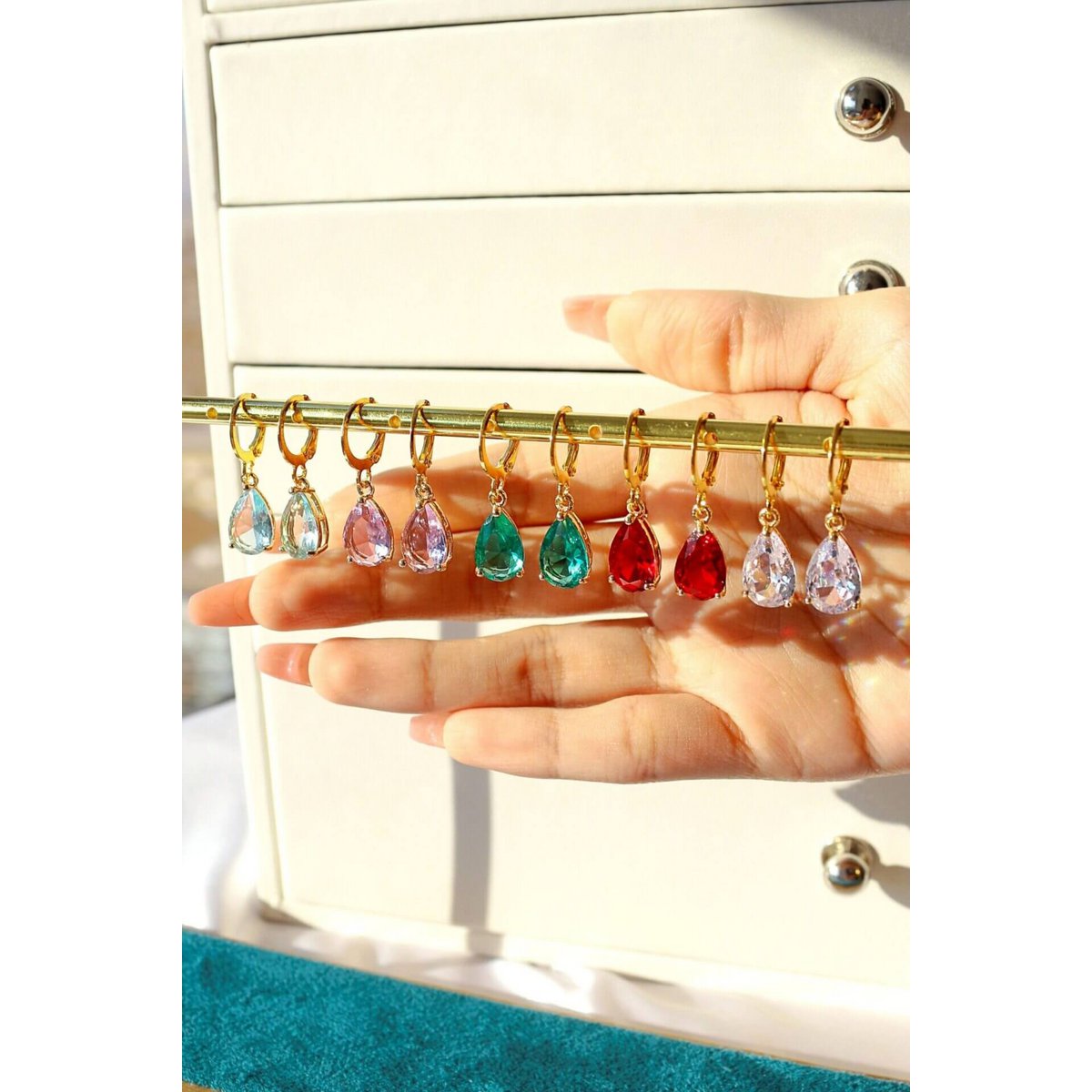 18K Rainbow Teardrop Hoops