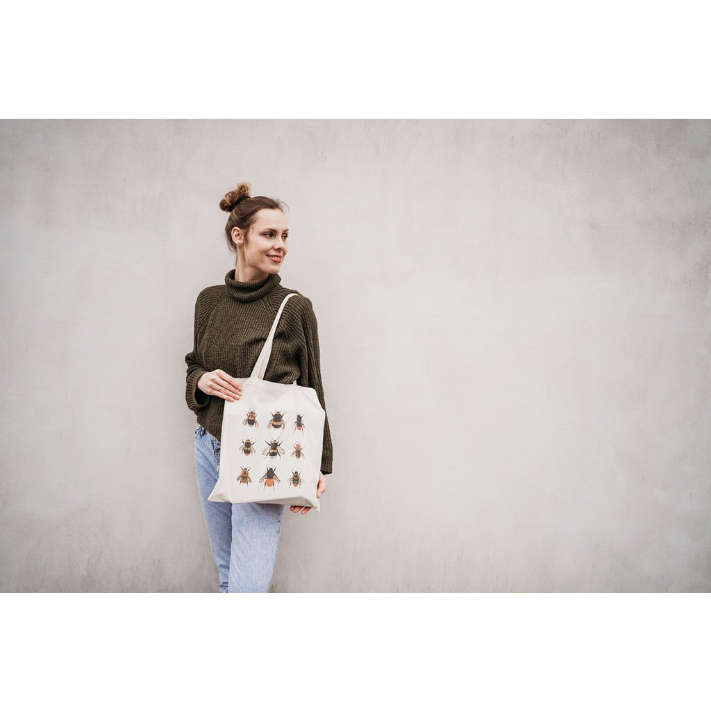 Bio Baumwolltasche Hummeln, Stofftasche bedruckt, Jutebeutel für Naturliebhaber