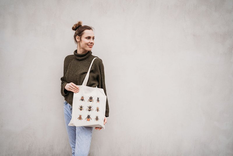 Bio Baumwolltasche Hummeln, Stofftasche bedruckt, Jutebeutel für Naturliebhaber