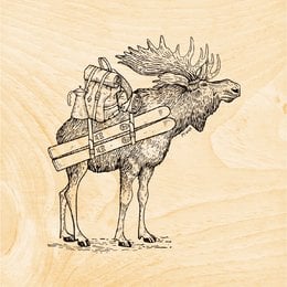 Poster featuring a detailed illustration of a wooden elk with antlers, standing on a wooden surface.