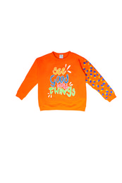Bright orange sweatshirt with a graphic design featuring a colorful floral pattern and the text "See good in all things". Suitable for children aged 2-11 years old.