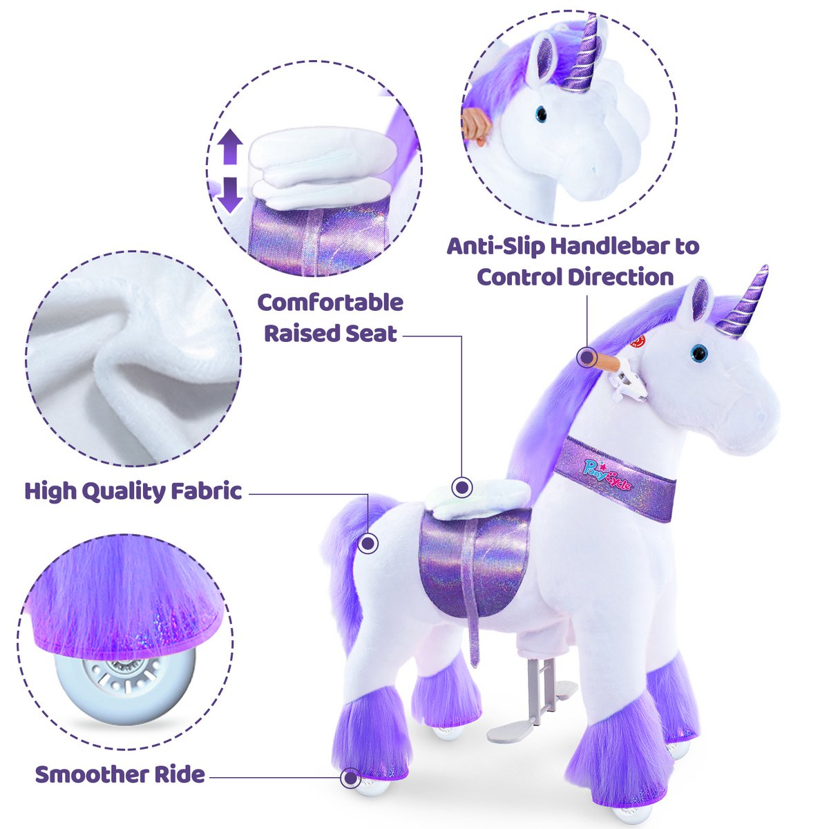 Ponycycle Ride on Toy Purple Unicorn | Edad 3-4 | Juguete de montar animal de lujoso | Clásico u mejores regalos