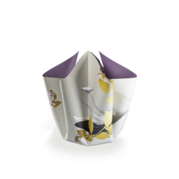 Folding vase with a striking geometric design featuring a stork motif in shades of gray, white, and yellow.