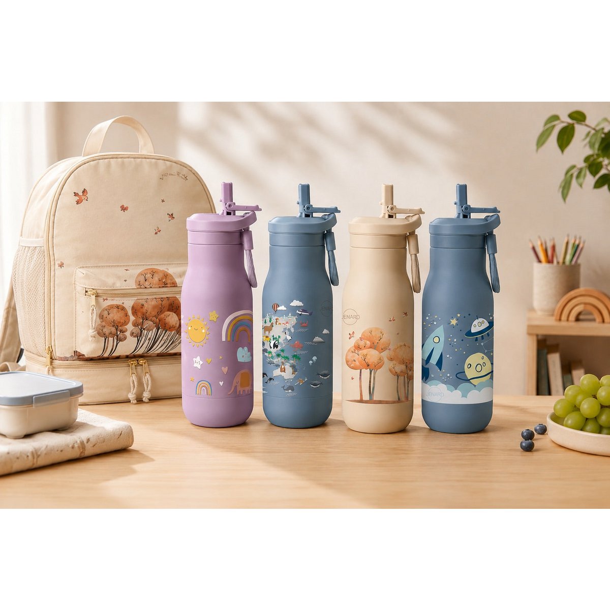 Jenard® kinderdrinkfles RVS - lekvrij, dubbelwandig, BPA-vrij, thermosfles voor school en kleuterschool. Roze/regenboog