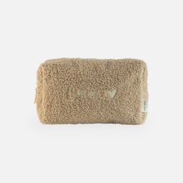  A brown, plush toiletry bag with the text "grandma" printed on it, suitable for kids.