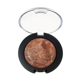 Baked blush on, bronze shimmer, round compact, black case, powder makeup, face color