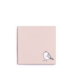 A small, pink notepad with a simple bird illustration on the cover. The notepad is titled "Piepmatz", which is a German word for a small songbird.