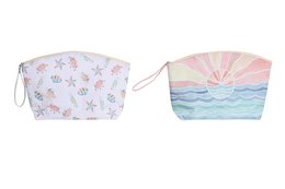  A white canvas bag with a floral pattern and a white and pink canvas bag with a sunset and ocean wave design. The bags appear to be made of polyester canvas material and are suitable for use as handbags or cosmetic bags.
