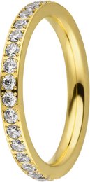 A gold ring with a row of small zirconia stones set in a band. The ring appears to be a stackable or eternity style ring.
