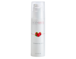 Cleansing milk with strawberry extract, 150ml bottle, for gentle facial cleansing.
