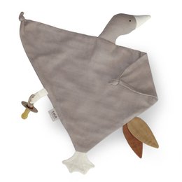 Soft, plush dove-shaped cuddle cloth made of gray fabric with a wooden teething ring. Suitable for infants and toddlers.