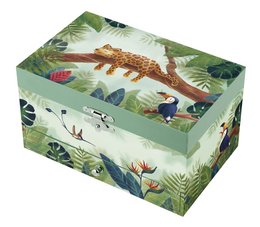 A colorful, jungle-themed musical jewelry box with a leopard and other wildlife illustrations on the exterior. The box features a mirror inside and plays music when opened.