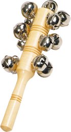A wooden musical toy with multiple metal bells attached, designed for children's play and musical exploration.
