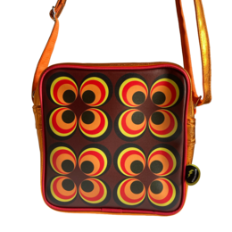Square shoulder bag, retro geometric circles pattern, orange brown leather, vintage style cross-body bag