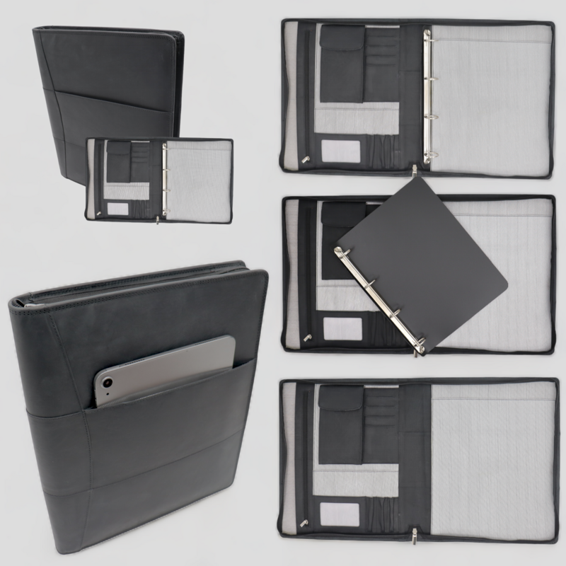 Estuche de cuero para escritura A4 - Carpeta para conferencias - Carpeta para documentos A4 - Funda para tableta y portátil - Carpeta de anillas extraíble