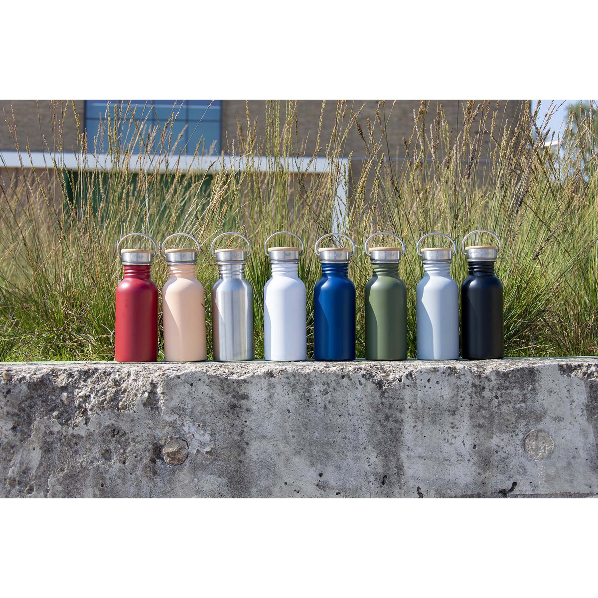 RVS drinkfles bamboe dop 500 ml steel PINK