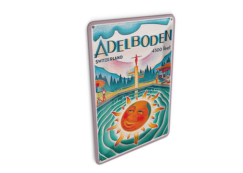 Cartolina in latta da viaggio 10x14 cm Svizzera Adelboden 4500 piedi Insegna decorativa