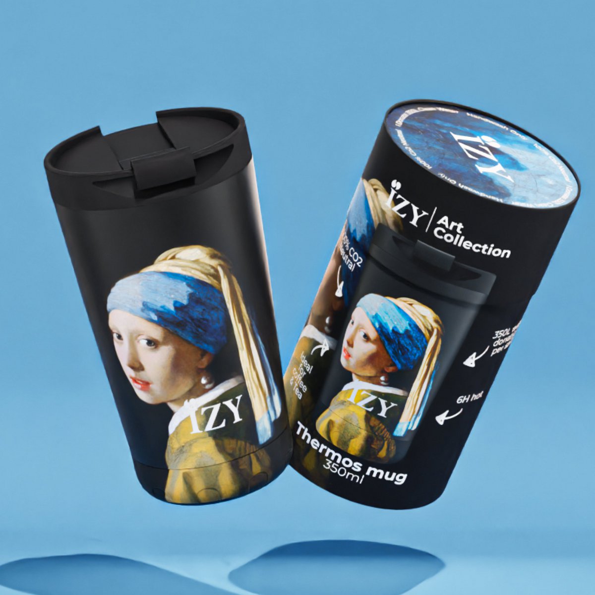 IZY Mug, Girl with the Pearl Earring, 350ml, giftbox - Thermische beker | reisbeker | Afsluitbare mug voor hete of koude dranken | isoleerbeker | Thermos | Mug