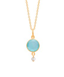 Aqua blue pendant necklace with gold chain and crystal accents.