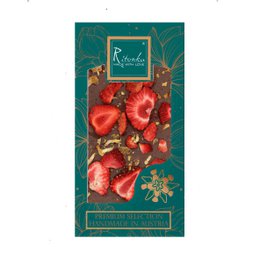 Premium milk chocolate bar with lemon, strawberry, and ginger flavors. Handmade in Austria using high-quality ingredients.