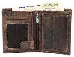 Cartera decorativa de piel auténtica (cuero Hunter), RFID, formato vertical, "velero", marrón