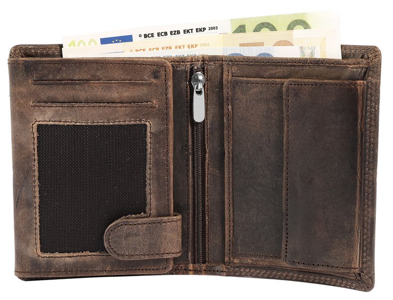 Cartera decorativa de piel auténtica (cuero Hunter), RFID, formato vertical, "velero", marrón