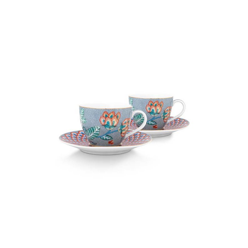 Set/2 Espresso Cups & Saucers Flower Festival Light Blue 120ml