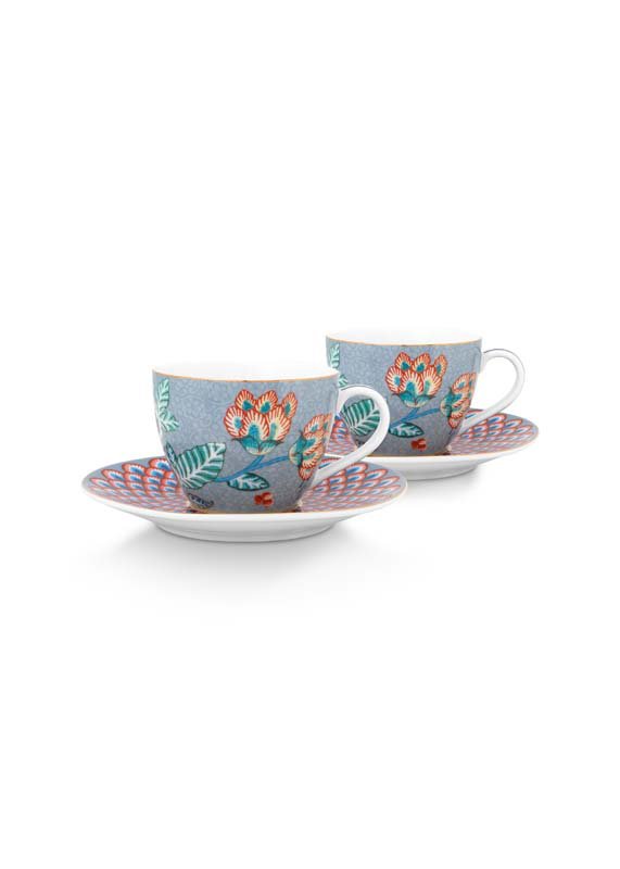 Set/2 Espresso Cups & Saucers Flower Festival Light Blue 120ml