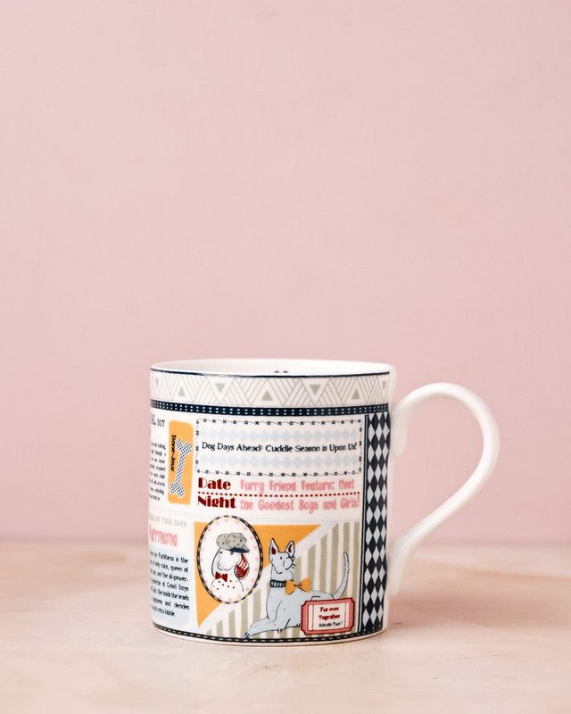 Fine China Mug Newspaper Print - Playful Illustrations, 300ml