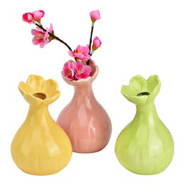 Ceramic vase, triple, pink/yellow/green (b/h/t) 9x15x9cm