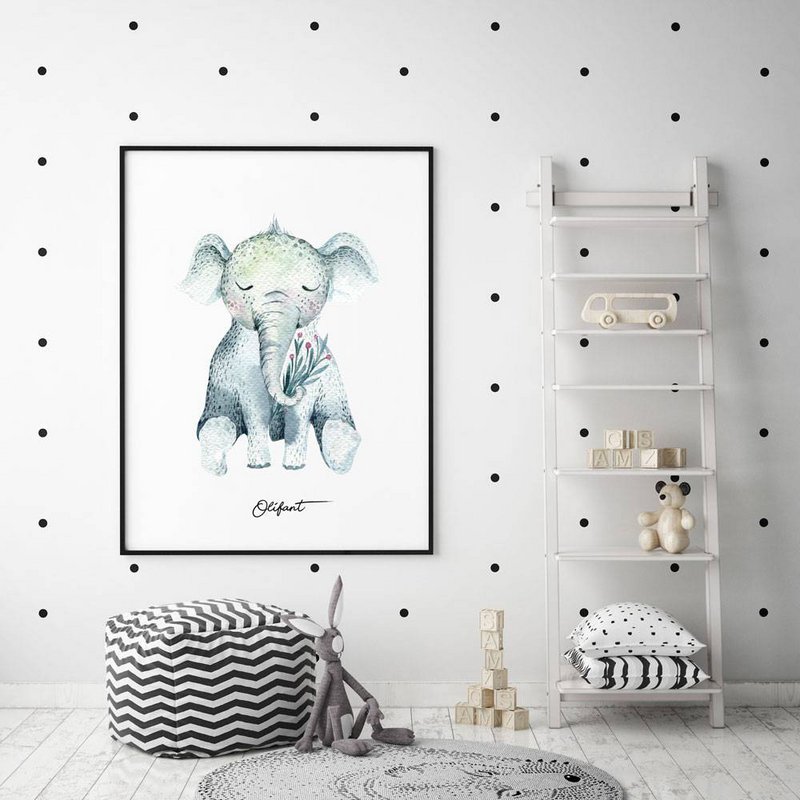 Olifant - Kinderkamer poster - Babykamer poster - Decoratie - Waterverf stijl dieren kids