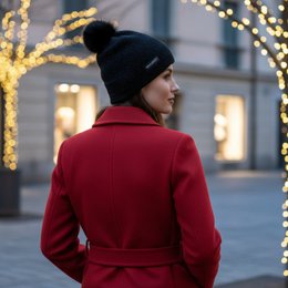 RB5006A | SAINT MORITZ – Doppellagige Stockinette-Strickmütze für Damen mit Pompon, hergestellt in Italien. Schwarze Farbe
