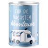 Spardose, zylindrisch, "Camperglück", Spruch, Wohnmobilmotiv, Metall, blau, VE 18, H. 12 cm, D. 8.5 cm