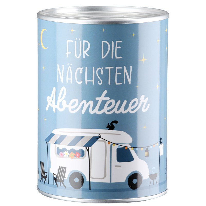 Spardose, zylindrisch, "Camperglück", Spruch, Wohnmobilmotiv, Metall, blau, VE 18, H. 12 cm, D. 8.5 cm