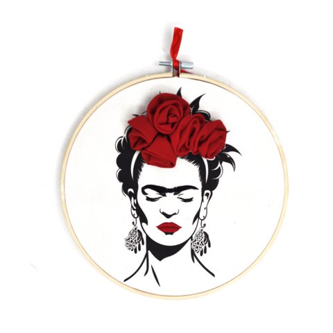 Handgefertigte Stickrahmen-Wandkunst – Frida Kahlo-Portrait – Textile Wanddekoration 20 cm