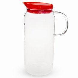A clear glass pitcher with a red plastic lid, suitable for serving iced tea or other cold beverages.