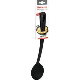 Black plastic vegetable spoon with a long handle for easy cooking and serving.