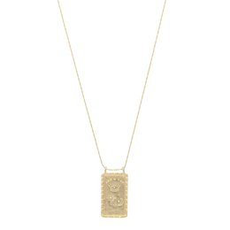 Delicate gold-tone necklace with rectangular pendant featuring intricate floral design.