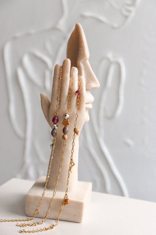 Pulsera Paperclip Piedras Preciosas y Luna - Oro