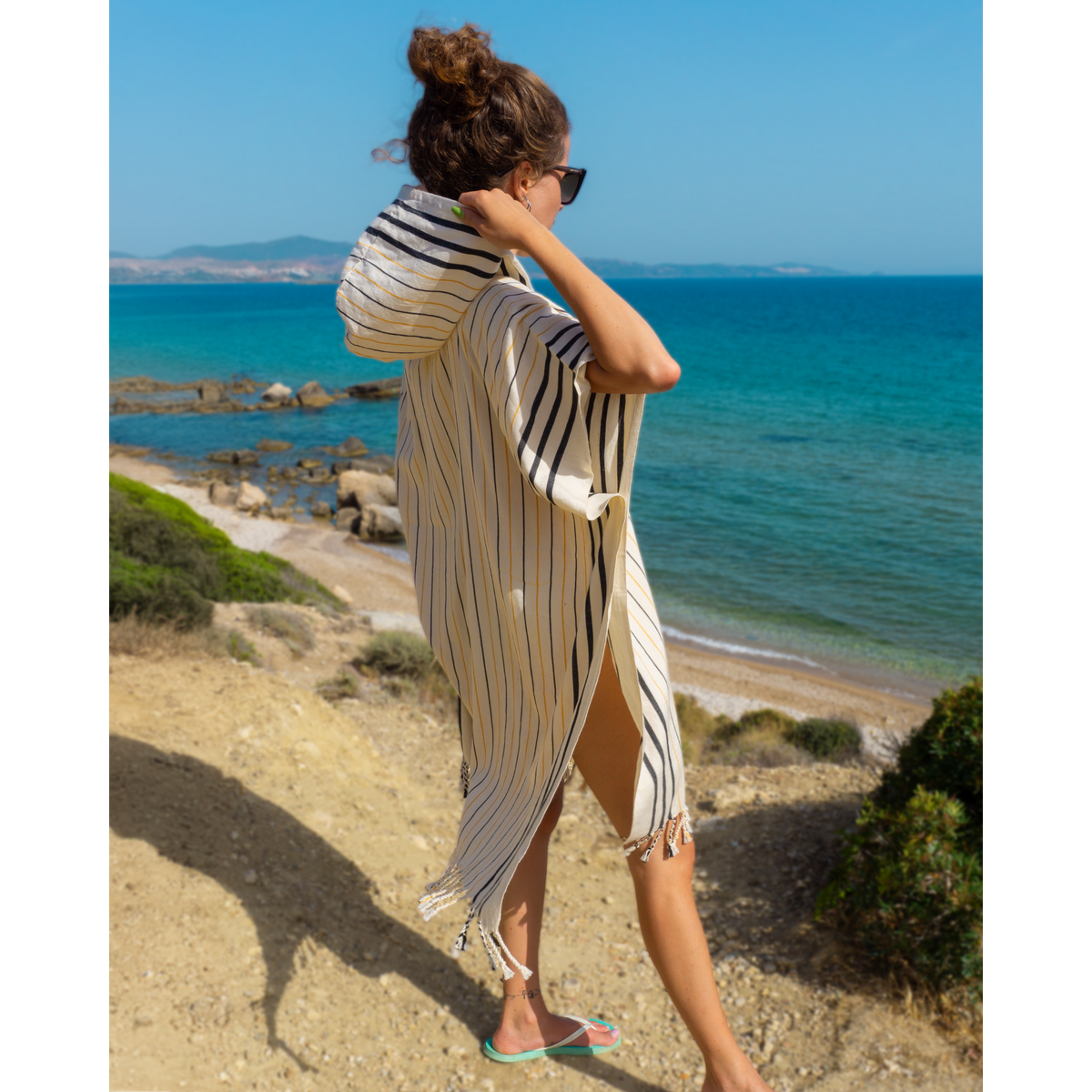 SERENITY Women Hooded Cotton Beach, Pool, Spa & Sauna Poncho, Changing Towel – Stripe Yellow (with Recycled Gift Box)