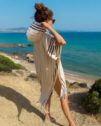 SERENITY Women Hooded Cotton Beach, Pool, Spa & Sauna Poncho, Changing Towel – Stripe Yellow (with Recycled Gift Box)